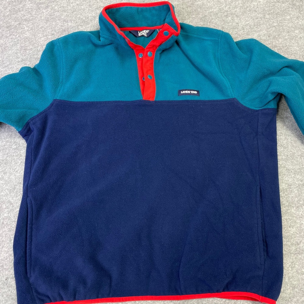 Lands End Mens Fleece Pullover Colorblock Snap Neck Teal Navy Blue Large 42-44